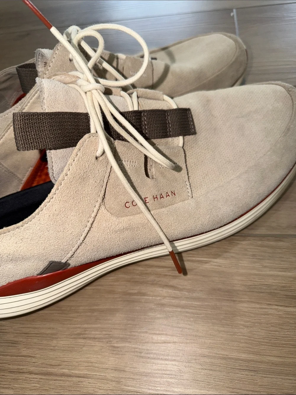 Cole Haan Men's Grandsport Apron Toe sneakers in sesame suede colorway 13